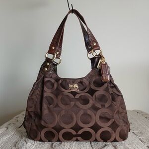 COACH Madison Maggie Op Art Sateen Shoulder Bag (Brown with Gold Accents)